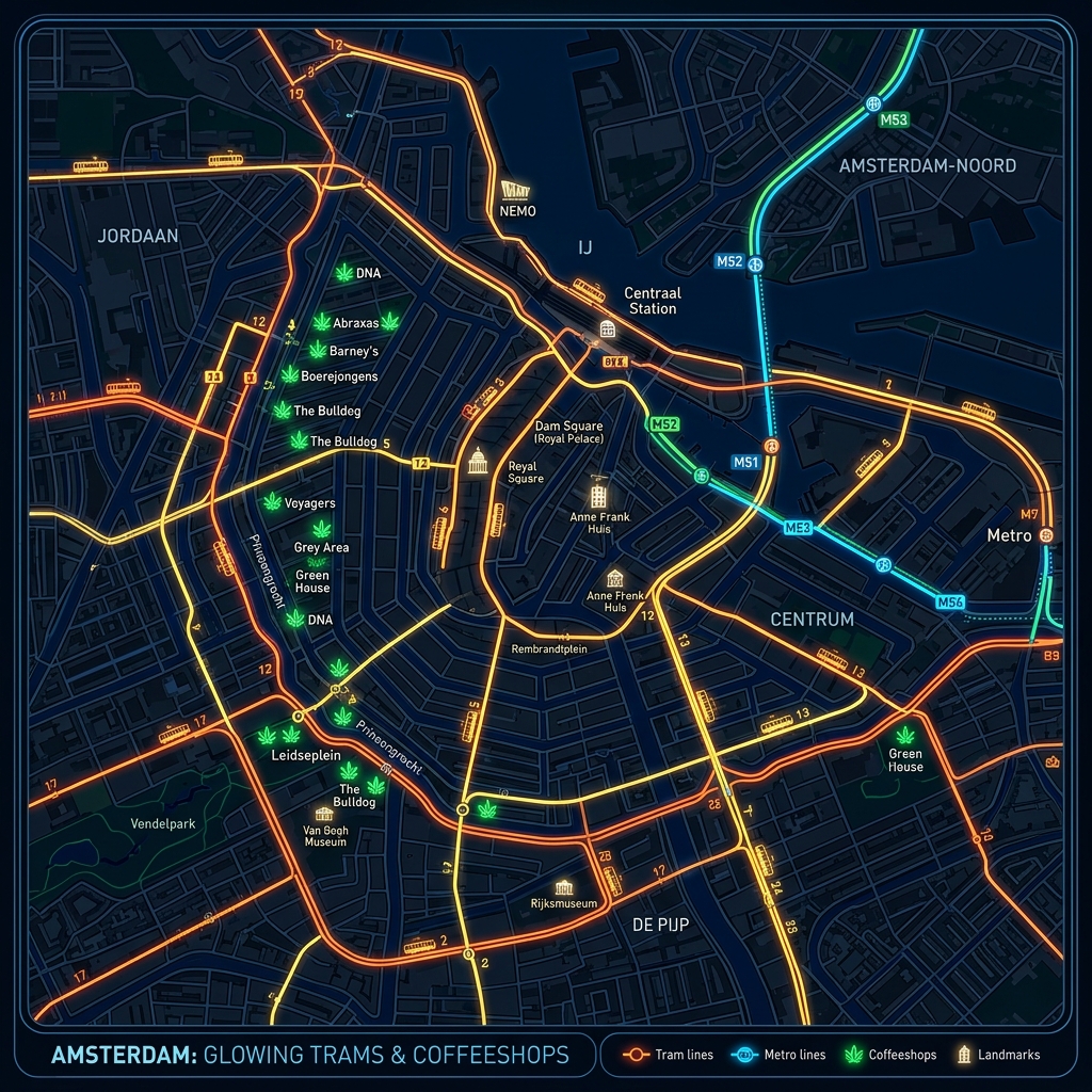 Dam Explorer: Amsterdam Coffeeshop Public Transport Route